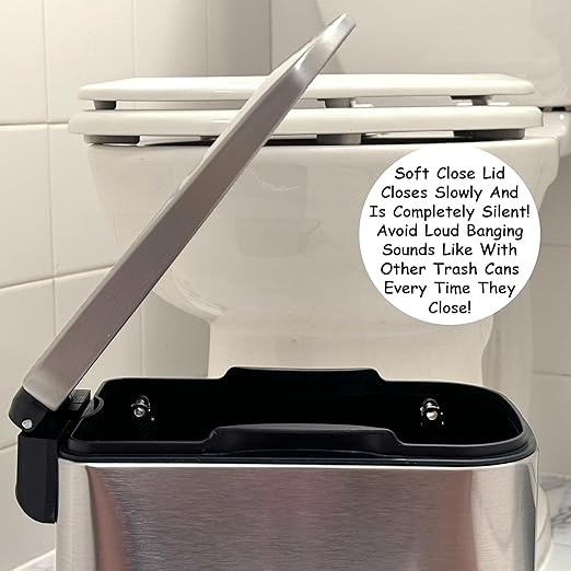 Homie Soft Close, Slim Trash Can 6 Liter / 1.6 Gallon with Anti - Bag Slip Liner and Lid, Use as Mini Garbage Basket, Slim Dust Bin, or Decor in Bathroom, Restroom, Kitchen, or Bedroom