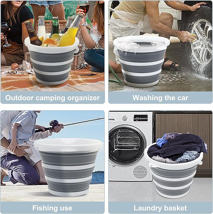 Goderewild 2 Pack Collapsible Bucket, 2.6 Gallon (10L) - Foldable Mop Bucket for House Cleaning, Car Washing, Camping - Portable Water Pail for Outdoor, RV, Travel (Grey, Round)