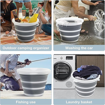 Goderewild 2 Pack Collapsible Bucket, 2.6 Gallon (10L) - Foldable Mop Bucket for House Cleaning, Car Washing, Camping - Portable Water Pail for Outdoor, RV, Travel (Grey, Round)