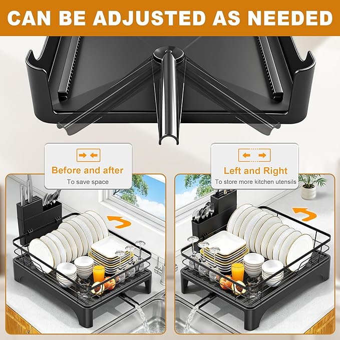 Dish Drying Rack for Kitchen Counter, Dish Rack, Dish Drainer for Kitchen with Built-in Drain, Stainless Steel Sink Organization and Storage Essentials with Cutlery Holder (17" x 13.4", Black)