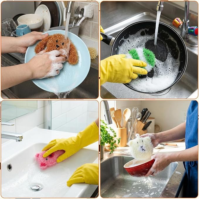 Mifoci 16 Pcs Animal Dish Scrubber Non Scratch Scrubbies for Dishes Double Layered Dish Washing Sponge Reusable Kitchen Scrubbers for Dishwashing, Cleaning Dishes, Cookware Tubs Sinks Bathroom