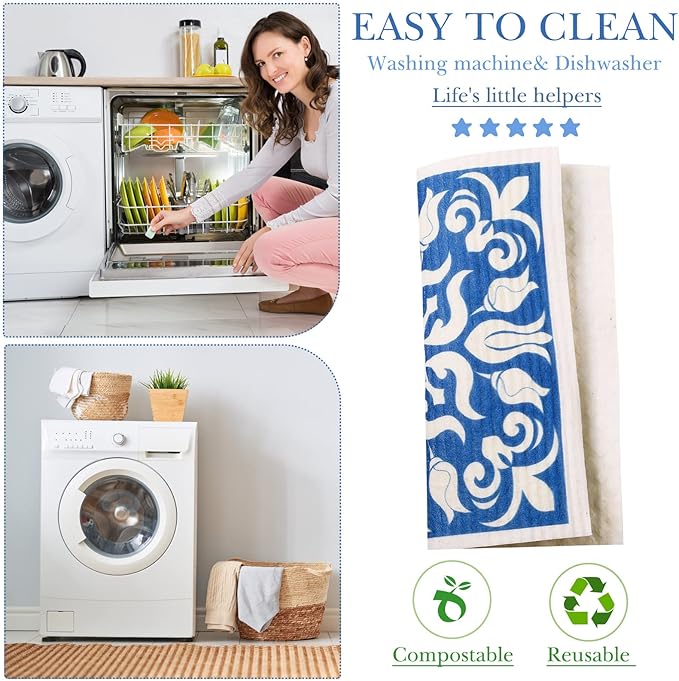 6 Pcs Swedish Kitchen Dish Cloths Kitchen Towels Reusable Sponge Cleaning Cloths Wipes Absorbent Dish Cloth Quick Drying Washable Decorative Tea Towels No Odor Bar Hand Towel (Blue Plaid)