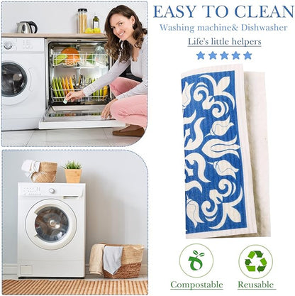 6 Pcs Swedish Kitchen Dish Cloths Kitchen Towels Reusable Sponge Cleaning Cloths Wipes Absorbent Dish Cloth Quick Drying Washable Decorative Tea Towels No Odor Bar Hand Towel (Blue Plaid)