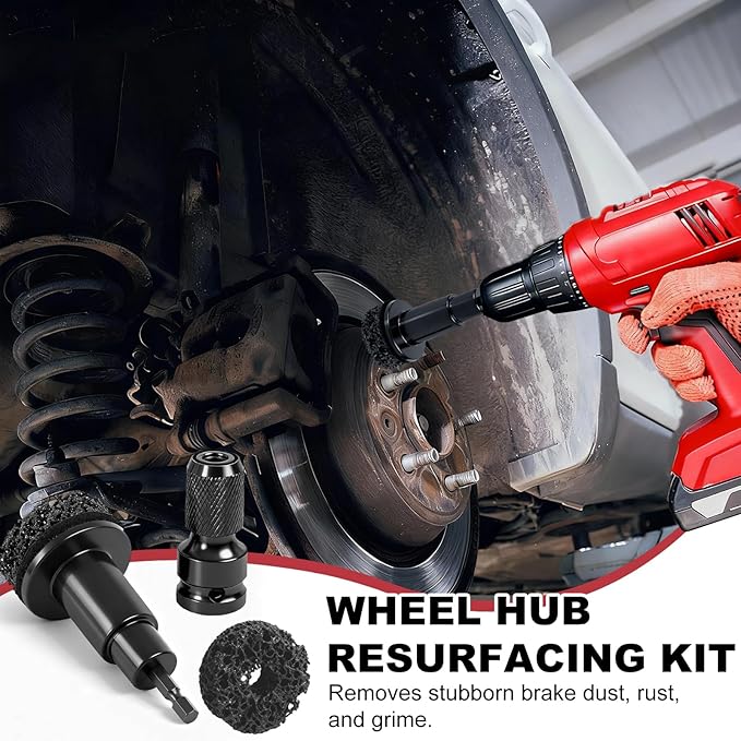 Wheel Hub Resurfacing Kit Wheel Stud and Hub Cleaner for Quick Rust Removal on Lug Studs and Brake Rotors,Includes 7 Cleaning Pads and,Fits 1/2” Wrenches or Electric Drills,Maintenance Tool for Cars