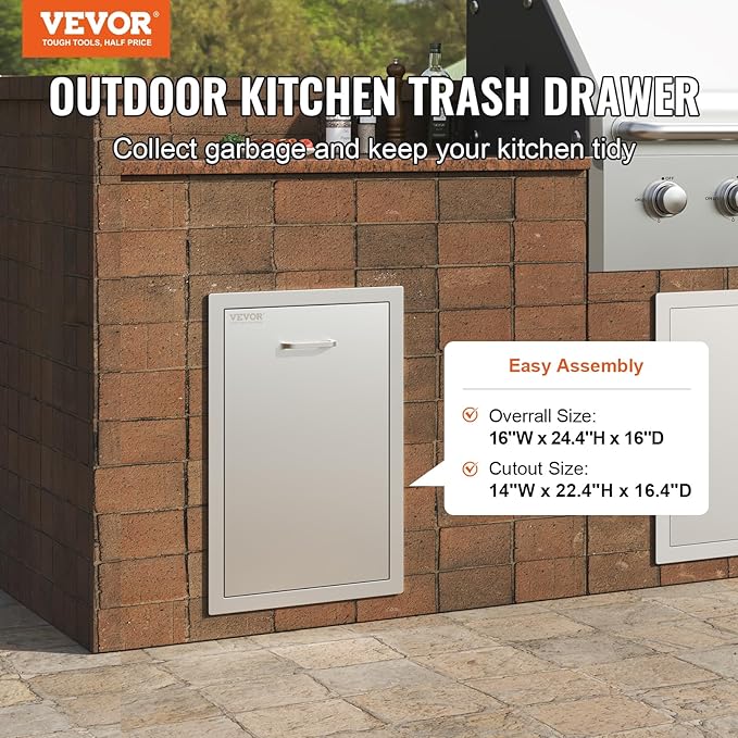 VEVOR Outdoor Kitchen Trash Drawer 16"W x 24.4"H x 16"D Inch, Outdoor Kitchen Propane Tank Drawer, Stainless Steel Pull Out Trash Drawer, with Handle for BBQ Island Trash Bin, Trash Can Pull Out