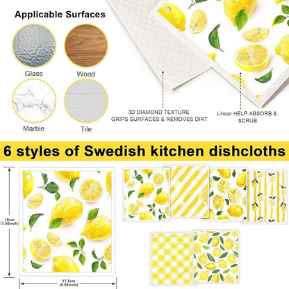 6 Pack Swedish Dishcloths for Kitchen - Reusable Dish Paper Towels Wash Cloths Washable,Absorbent Cellulose Cleaning Sponge Cloth Wipes Quick Dry, Decorative Tea Towels,No Odor Biodegradable(Lemon)