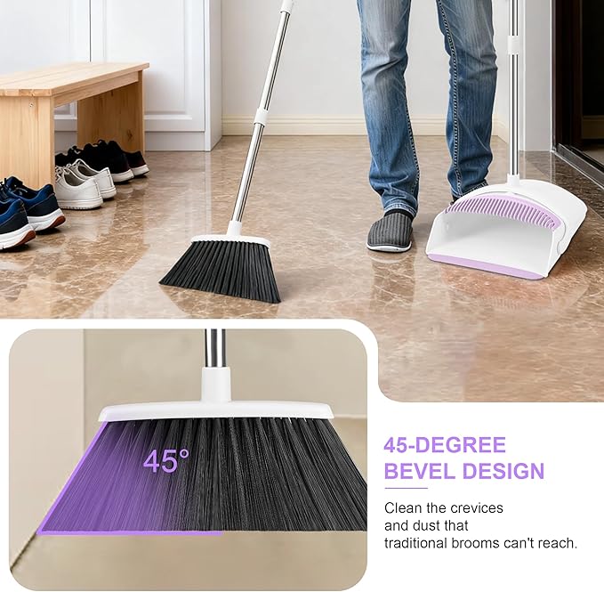 Broom with Dustpan Combo Set for Home, 52-in Long Adjustable Handle Angle Broom and Dustpan Set with Dustpan Comb Teeth for Sweeping Pet Hair Food Dirt Kitchen