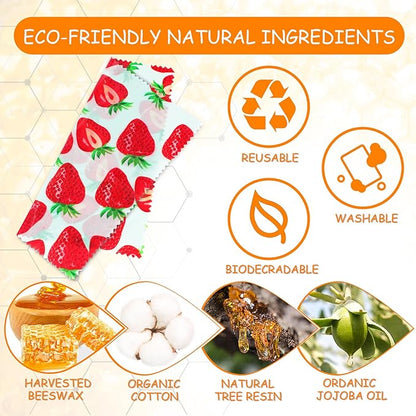 Reusable Beeswax Wrap, 4 Pack Eco-Friendly Beeswax Wraps For Food, Organic, Sustainable, Biodegradable, Zero Waste, Plastic-Free Food Storage, 1L Avocado, 1M Cherry, 1S Strawberry, 1XS Lemon Patterns