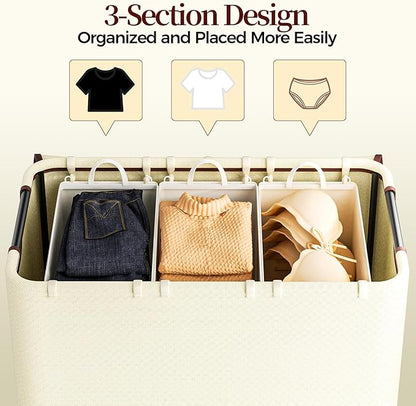 LAMU 160L Laundry Basket with Wheels, Rolling Laundry hamper with Lid and 3 Removable Laundry Bag, Beige Large Capacity 3 Section Dirty Clothes Hampers for Laundry Room, Bedroom, Bathroom, Dorm