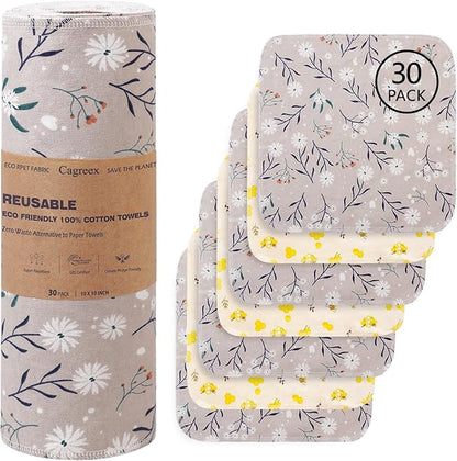 Reusable Dishcloths Kitchen Towels Cotton: 30 Packs 10X10 Washable Roll Paperless Paper Towels Absorbent Dishcloths Set Dish Tea Towel for Kitchen Drying (15Bee+15Daisy, 10×10")
