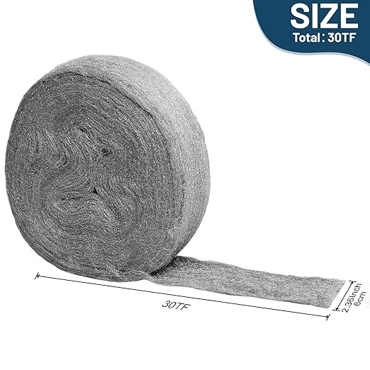 Steel Wool Fill Fabric Roll DIY Kit, 30FT Steel Wool 0000 Coarse Wire Mesh Roll for Mice Control, Gap Blocker, Barrier, Vents for Garden, House, Garage, Siding