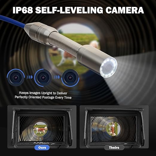 ZELCAN Self-Leveling Sewer Camera, Drain Camera 230FT with 9 in. LCD Screen, Waterproof IP68 Borescope Plumbing with 12 LED Lights, Included 32GB Card, with 512Hz Transmitter(Without Locator)
