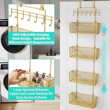 HapiRm Over The Door Organizer - Hanging Door Organizer with 4 Metal Large Capacity Baskets and Adjustable Coat Hook for Bathroom Bedroom Kitchen Pantry Closet Cabinet