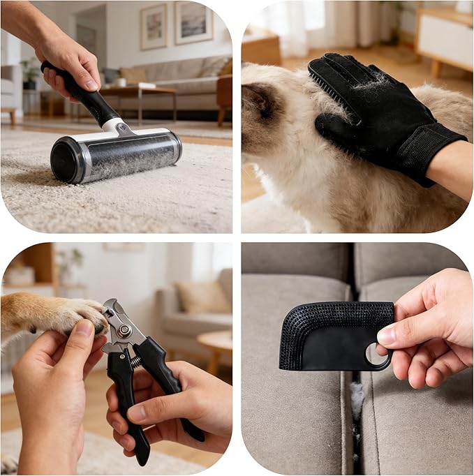 Pet Hair Remover Roller with Grooming Glove, Lint Roller, Nail Clipper, Cleaning Kit, 5-Piece Set
