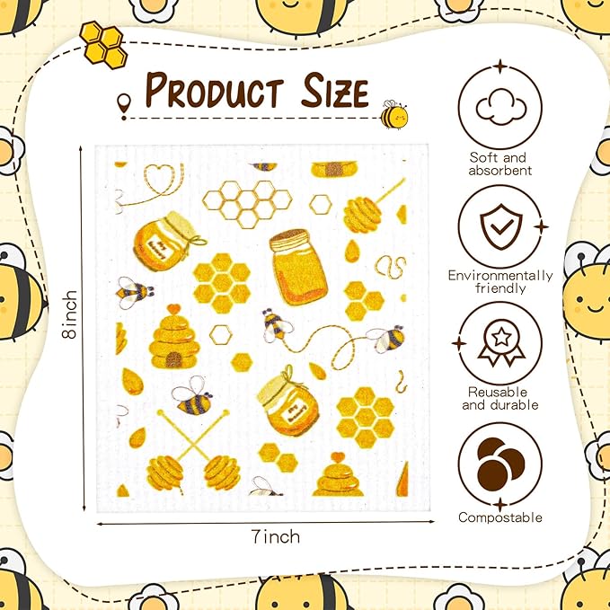 Newwiee 9 Pcs Swedish Kitchen Dishcloths Swedish Dish Towel Kitchen Washcloths Reusable Absorbent Towels Cleaning Dish Cloths for Bar Hand Washing(Bee)