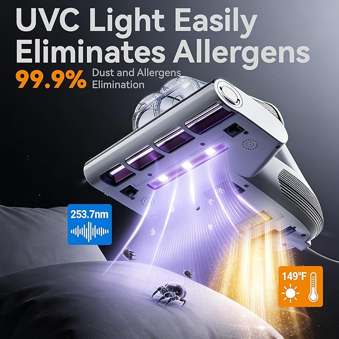Bed Vacuum Cleaner 18KPa & 500W Powerful Suction, Visible Dust Sensor, 149°F Heat & UV-C Light, Mattress Deep Cleaning with HEPA Filter for Bed Couch Carpet (Corded)