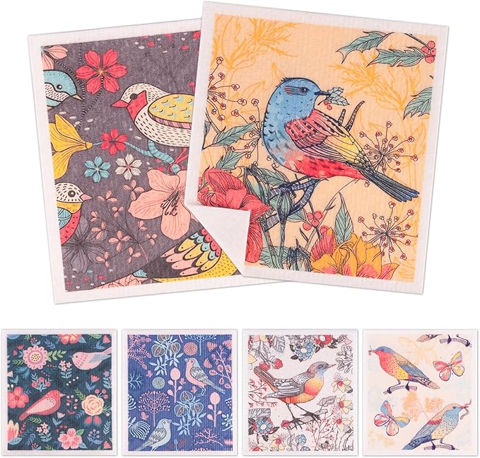 Polly Online Swedish Dishcloths for Kitchen,6 Pack Cloth Paper Towels Reusable Washable,Super Absorbent Dish Towels,No Odor,Biodegradable,Flowerbirds Design