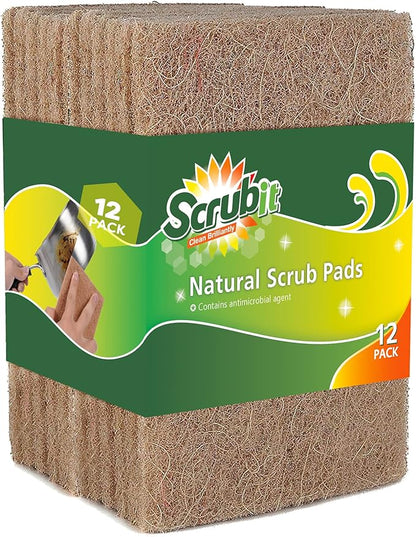 SCRUBIT Natural Scouring Pads (12 Pack) - Eco Friendly Scrubbing Pads for Kitchen Cleaning, Dishes, and Pots - Non-Scratch Kitchen Scrubbers - 100% Natural Sisal Fibers (12 Pack)