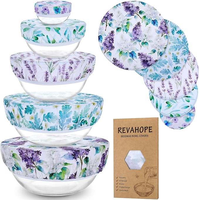 5-Size Reusable Beeswax Bowl Covers for Bread Proofing, Cotton Cloth Flexible Beeswax Wraps for Food Storage(Lilacs)