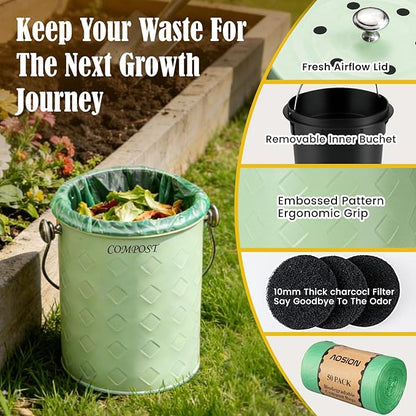 AOSION Countertop Compost Bin Kitchen,Odorless Indoor Compost Bin with Lid,Farmhouse Composter Container for Food Waste,Includes 2 Carbon Filters, Small Compost Bucket,Trash Bags (Modern, Green)