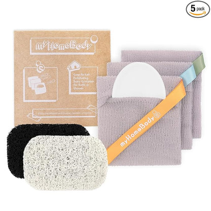 myHomeBody Soap Pocket Squares Exfoliating Pouch, Body Scrubber, Exfoliator Sponge for Bath or Shower, or Leftover Bits Saver, White Smoke, 3 Pack + 2 Lift Pads