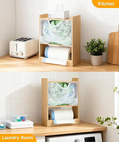 ZIFTY 2-in-1 Trash Bag Dispenser Grocery Holder, Wall Mount Garbage Bag Dispenser Space-Saving and Large Storage Capacity, Bamboo Roll Plastic Case Organizer for Home Kitchen Laundry Pantry