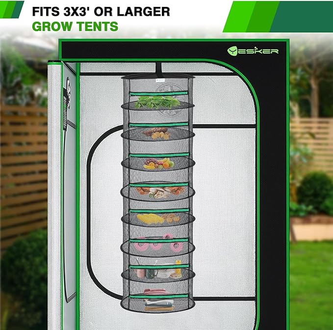 Yesker 8 Layer Herb Drying Rack Hanging Mesh Net Foldable Plant Drying Racks 24" w Green Zipper Pruning Shears Hook Dryer Hanging Rack for Herbs Seed Bud Fruit Clothes Grow Tent Closets Garden Outdoor