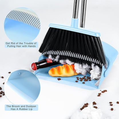 BSKLIN Broom and Dustpan Set House Brooms for Sweeping Indoor Collapsible Broom and Dust Pan Combo for Home Office Kitchen Lobby Floor Pet Hair (Small-Blue)
