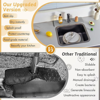 Stone Faucet Mat For Kitchen Sink, 18" Diatomite Fast Drying Stone Kitchen Sink Mat, Super Absorbent, Sink Stone Quick Dry Around Faucet, Stone Sink Splash Guard For Bathroom, Zen Gift, Light Grey
