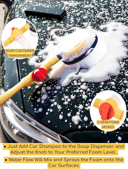 Rotating Car Wash Brush with Soap Dispenser & Hose Attachment Soft Bristle Car Spin Mop Washing Scrub Brush with Long Handle Water Flow Through High Pressure Car Cleaning Brush Kit Car Wash Hose