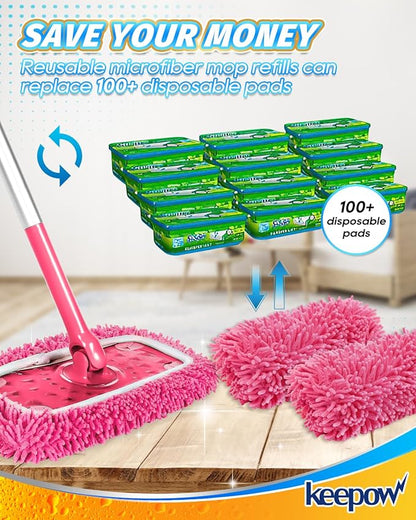 KEEPOW Pink Reusable Dry Sweeping Cloths Microfiber Wet Mop Pads Compatible with Swiffer Sweeper Mop Replacement Sweeping Mopping pad Refills for Hardwood Surface Floor Cleaning (6PCS)