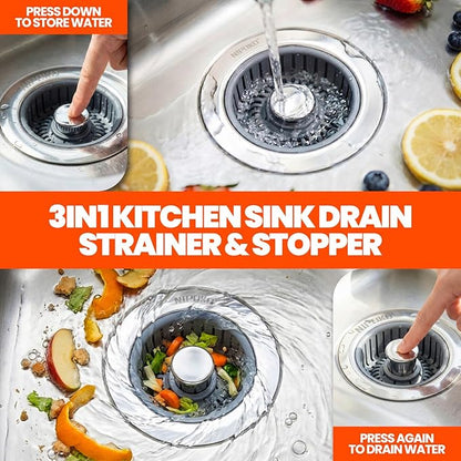 2 Pack Sink Drain Strainer - Sink Stopper, 3 in 1 Stainless Steel Kitchen Drain Plug with Deep Anti-Clog Basket and Odor-Blocking Seal, Pop-Up Design Fits Standard 3-1/2 Inch Sink