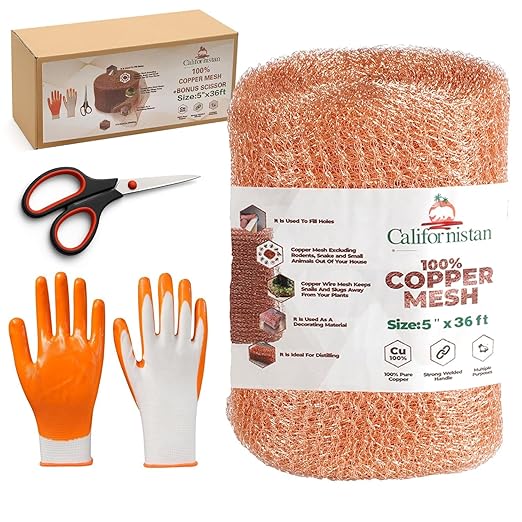 Copper Mesh Rodent Control, 5in x 36ft- Rustproof Copper Mesh Roll for Rodent, Bat & Snail - Perfect for Hole Blocking, Gardening & Sealing Water Opening - Plus Bonus Scissor & Gloves