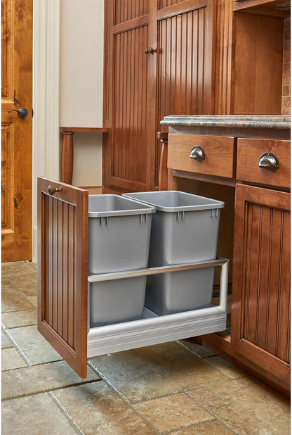 Rev-A-Shelf Double 35 Qt Pullout Trash Can with Soft Close for Base Kitchen Cabinets, Min Opening Width of 14.5", Silver, 5149-18DM-217