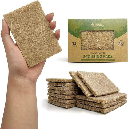 AIRNEX Plant-Based Scouring Pads for Dishes - Coconut Husk Non Scratch Scrub Pads - Natural Kitchen Scrubbing Pads for Pots & Pans - Eco Friendly & Non Abrasive Dish Scrubber Pads - Pack of 12