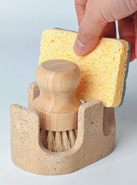 2 in 1 Travertine Sponge Holder, 2 Slot Natural Stone Sink Organizer with Raised Edge to Catch Drips,Keeps Sponges Dry & Countertop Clean, Heavy&Stable with Anti-Slip Base, Kitchen Decor,Double, Beige