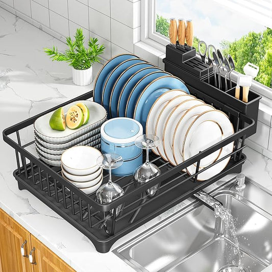 Kmiectse Dish Drying Rack - Space-Saving Small Dish Rack for Kitchen Counter, Rust-Resistant Kitchen Drying Rack, Compact Dish Drainer Organizer with Utensil Holder for Home Kitchen, Black
