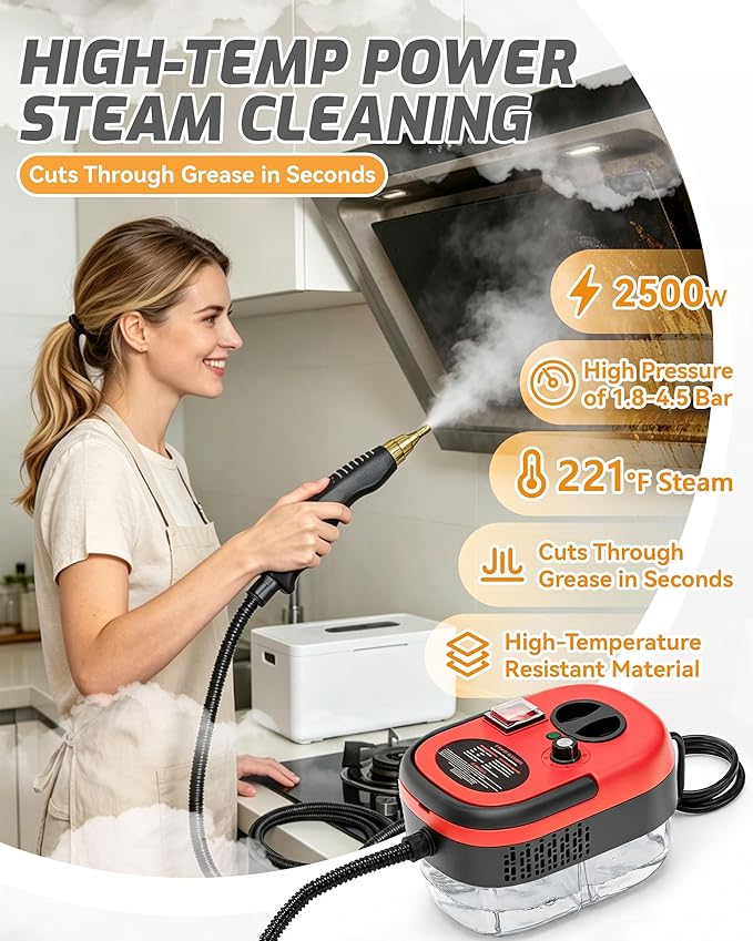 5-in-1 221°F Pressurized Handheld Steam Cleaner for Home, Car, Tile, Grout, Kitchen Cleaning, Glass, 2500w Handheld High-Temperature Pressurized Steam Cleaner with 6 Levels & 1.2L Tank (Mix-2 Set)