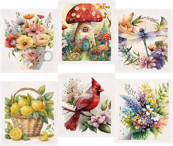 Spring Flowers Bird Swedish Dish Cloths - 6 Pack Reusable Compostable Kitchen Cloth, Cellulose Sponge Dish Towel Set