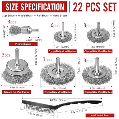 22-Pack Wire Brush for Drill, Carbon Steel Crimped Brushes – Spherical Wheel, Cup, Pen End & Hand Brushes Set, Fit 1/4 Inch Round Shank Power Drill Attachment for Rust, Paint, Abrasive Removal