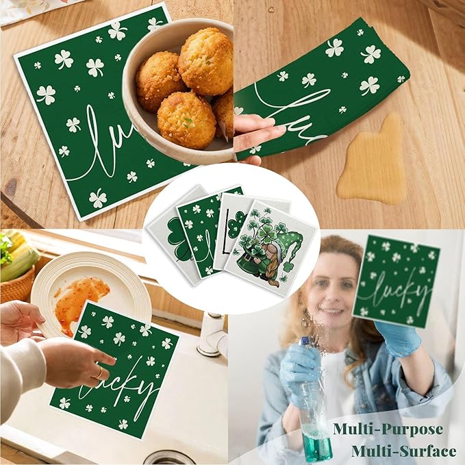 Lucky Wishes Swedish Dishcloths for Kitchen, Green Swedish Dish Cloths for Four-Leaf Clover, 4 Pack Dish Towels for Kitchen, Papaya Reusable Paper Towels Washable
