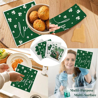 Lucky Wishes Swedish Dishcloths for Kitchen, Green Swedish Dish Cloths for Four-Leaf Clover, 4 Pack Dish Towels for Kitchen, Papaya Reusable Paper Towels Washable