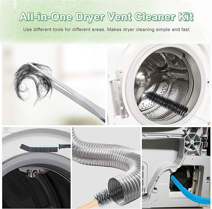 5 Pcs Dryer Vent Cleaner Kit Compatible with Most Vacuum Cleaner, Dryer Lint Brush and Vacuum Hose Attachment with Universal Elastic Connector, Tweezers for Large Debris, Quickly Lint Remover