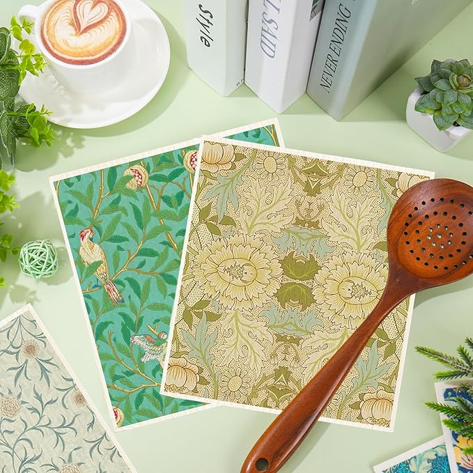 JarThenaAMCS 6 Pcs William Morris Swedish Kitchen Dishcloth Greenery Vines Flower Absorbent Cotton Kitchen Towels Reusable Dish Towels for Party Home Housewarming Cleaning Counter Wipes, 7 x 8 Inch