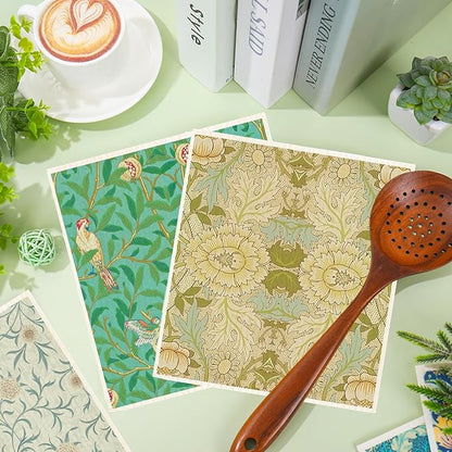 JarThenaAMCS 6 Pcs William Morris Swedish Kitchen Dishcloth Greenery Vines Flower Absorbent Cotton Kitchen Towels Reusable Dish Towels for Party Home Housewarming Cleaning Counter Wipes, 7 x 8 Inch