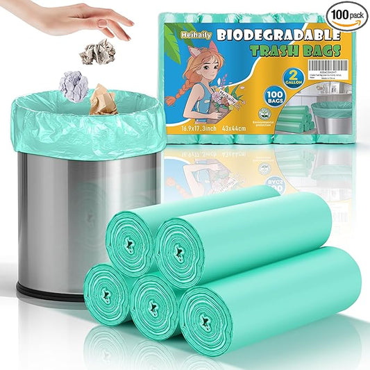 2 Gallon Mini Green Trash Bag - Small Garbage Bags For Bathroom Can 100 Count 7.5 Liter Unscented Compostable Biodegradable Tiny Little Waste Basket Liners Kitchen Car Office Strong Thick Heihaily