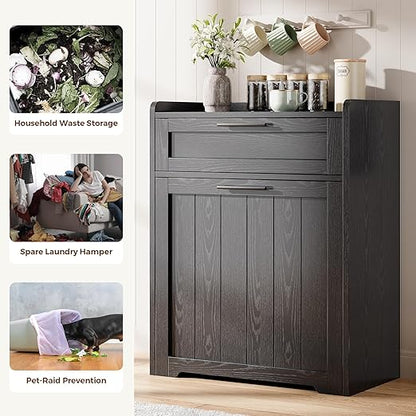 Jocoevol Pull Out Trash Can Cabinet, 2x13 Gallon Hidden Garbage Recycling Bin with Drawer, Freestanding Wooden Kitchen Trash can & Laundry Hamper Cabinet, Pet Proof Waste Bin for Living Room, Black