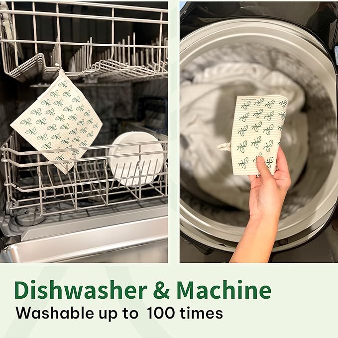 Swedish Dishcloths with Scouring Corner (4 Pack) – Reusable Paper Towel Alternative | Machine Washable Cellulose Sponge Cloths | Eco-Friendly, Biodegradable Kitchen Cleaning Cloths | OEKO-TEX Cert