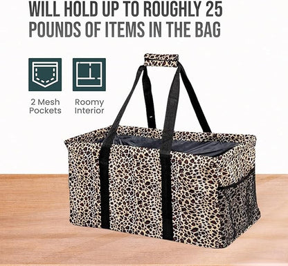 Extra Large Utility Tote Bag - Oversized Collapsible Reusable Wire Frame Rectangular Canvas Basket With Two Exterior Pockets For Beach, Pool, Laundry, Car Trunk, Storage - Leopard
