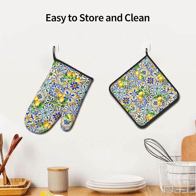 Lemon Oven Mitts - Summer Kitchen Mitts Pot Holders Teal Blue and Yellow Hot Mitts Boho Floral Hot Pads Sets of 2 for Cooking Baking Grilling